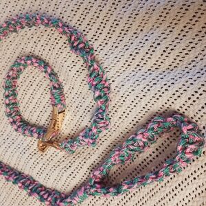 Handmade Macrame Dog Leash And Collar - Pink and Green